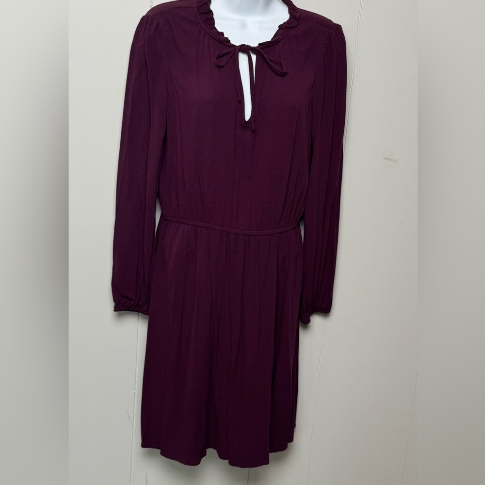 GAP Burgundy Knee Length Long Sleeve Elastic Waist Ruffle Collar&Tie Dress Sz S